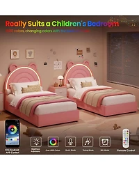 gaomon Twin Princess Bed Frame 4 Storage Drawers Led Lights Velvet Upholstered Rainbow Headboard Solid Wood Slats No Box Spring