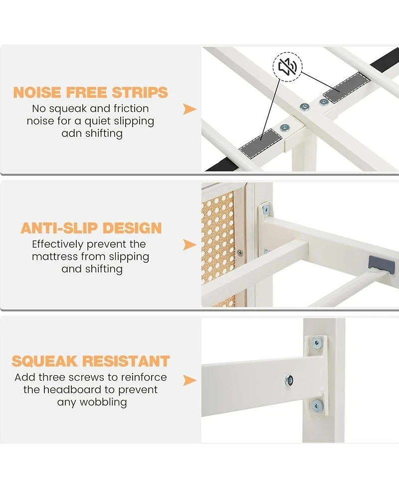 gaomon Full Bohemian Rattan Platform Bed Frame Headboard Strong Metal Slats Support Noise Free Design No Box Spring