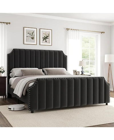 gaomon Platform Bed Upholstered Headboard Footboard Strong Wooden Slats No Box Spring Required.