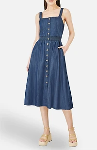 Yumi Women's Chambray Cotton Ruched Midi Sun Dress
