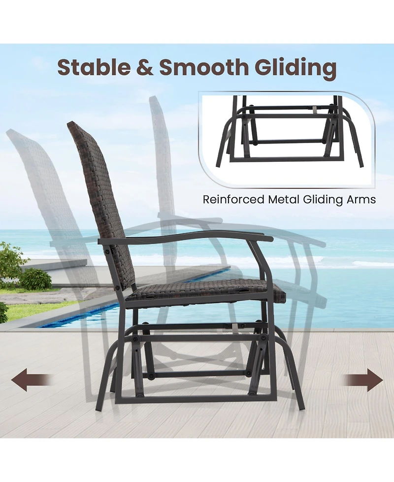 Gymax 3 Pcs Patio Gliding Set Wicker Swing Glider Furniture Set Tempered Glass Coffee Table