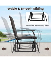 Gymax 3 Pcs Patio Gliding Set Wicker Swing Glider Furniture Set Tempered Glass Coffee Table