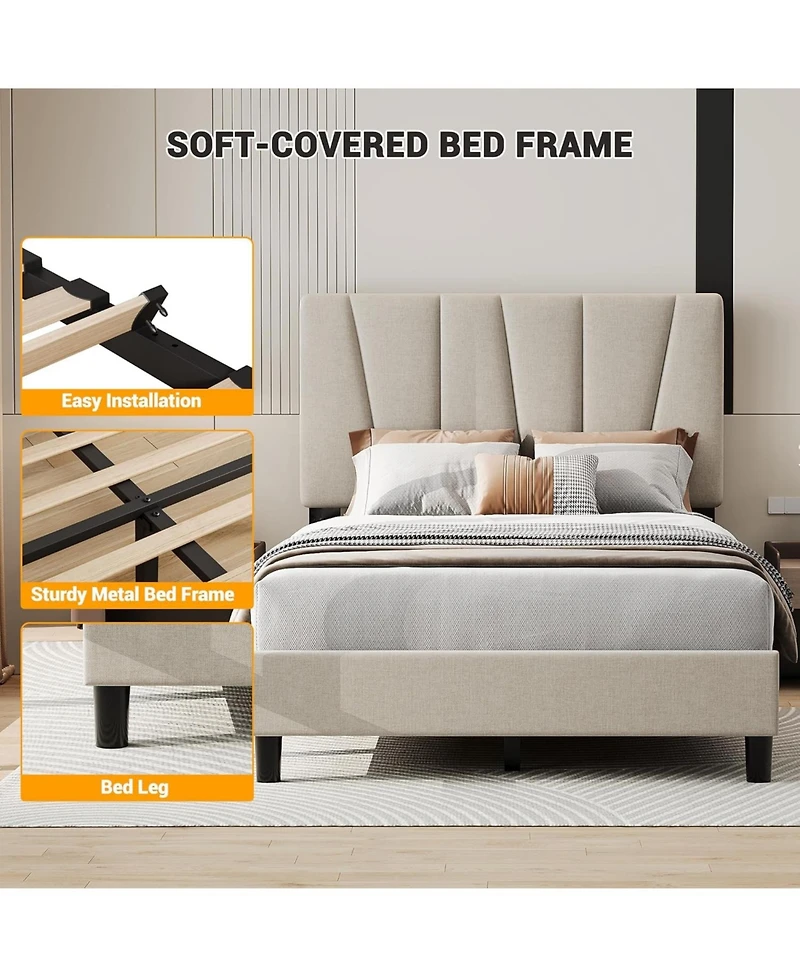 gaomon Full Size Bed Frame with Adjustable Headboard, Linen Upholstered Platform Bed Frame with Strong Wooden Slats, Noise Free, No Box Spring Needed