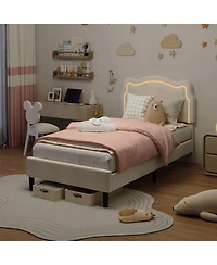 gaomon Upholstered Bed Frame with Smart Led and Adjustable Bear Headboard, Velvet Princess Platform Bed, Wooden Slats Support Kids Bed