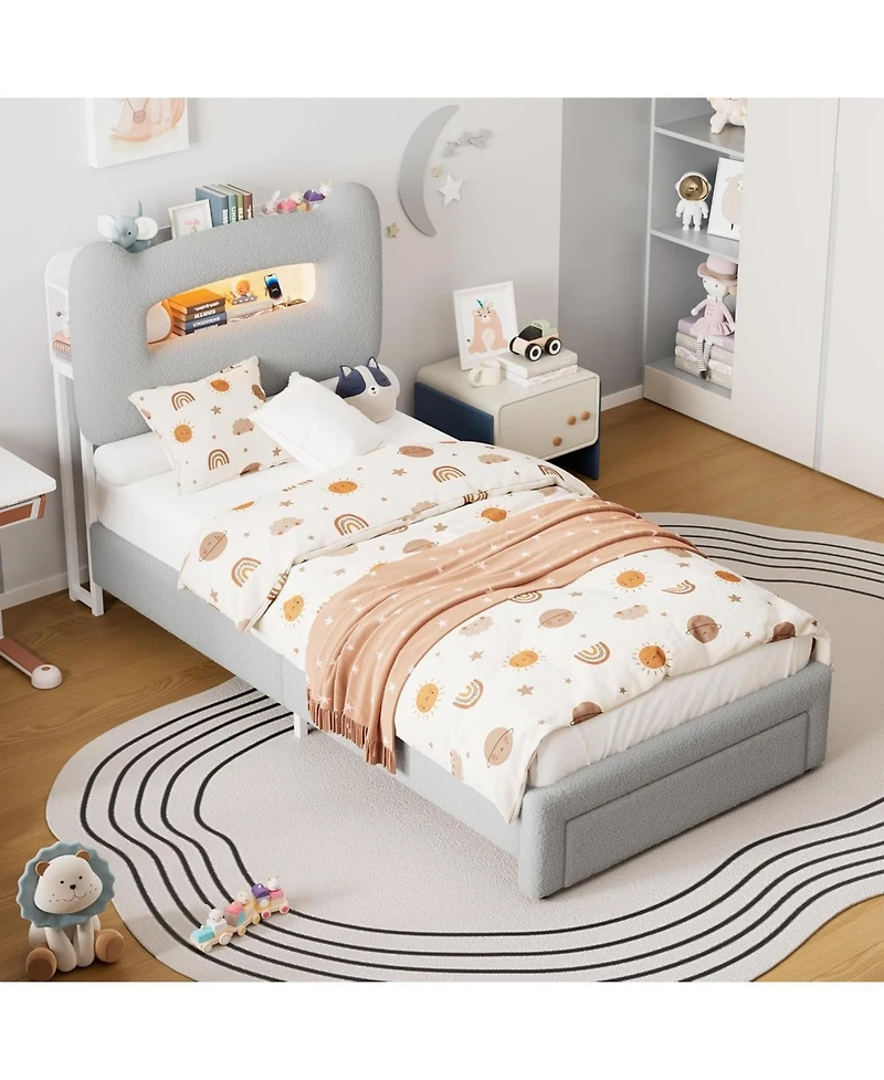 gaomon Led Bed Frame with Drawer Upholstered Storage Headboard Charging Station Noise-Free Low Profile.