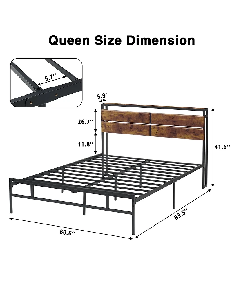 gaomon Industrial WoodandMetal Bed Frame- Storage Headboard Wooden Shelves No Box Spring Needed