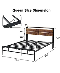 gaomon Industrial WoodandMetal Bed Frame- Storage Headboard Wooden Shelves No Box Spring Needed