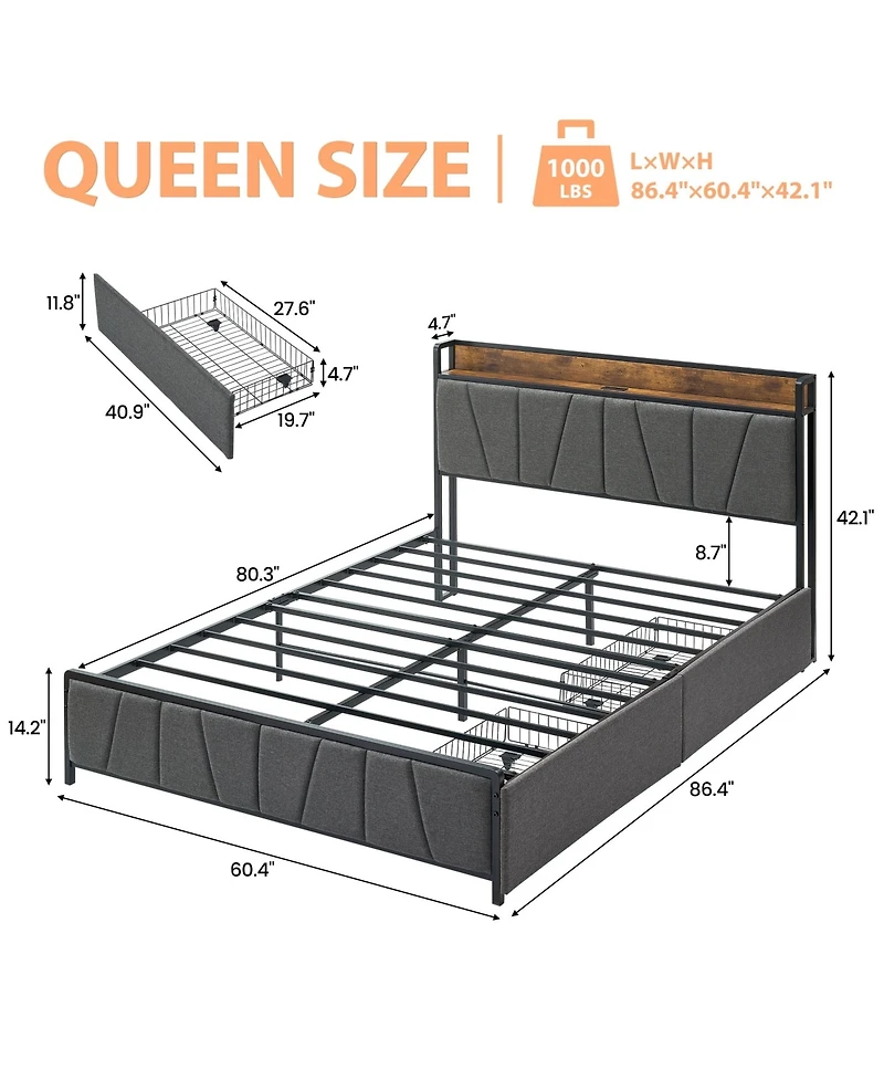 gaomon Queen Bed Frame 2 Storage Drawers Charging Station Linen Upholstered Headboard Noise Free