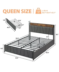 gaomon Queen Bed Frame 2 Storage Drawers Charging Station Linen Upholstered Headboard Noise Free