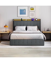 gaomon Bed Frame Lift-Up Storage Led Lights Upholstered Velvet Charging Headboard Metal Frame No Box Spring