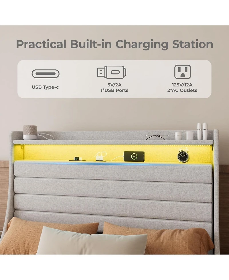 gaomon Queen Bed Frame Storage Headboard Usb Charging Led Lights Noise Free Under Storage Easy Assembly No Box Spring