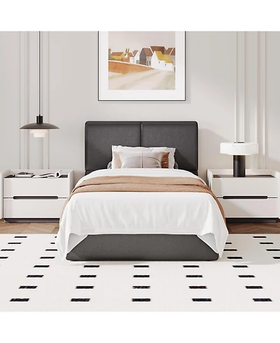 gaomon Upholstered Platform Bed Frame with 2 Storage Drawers, Faux Leather Low Profile Bed Base with Wood Slat Support