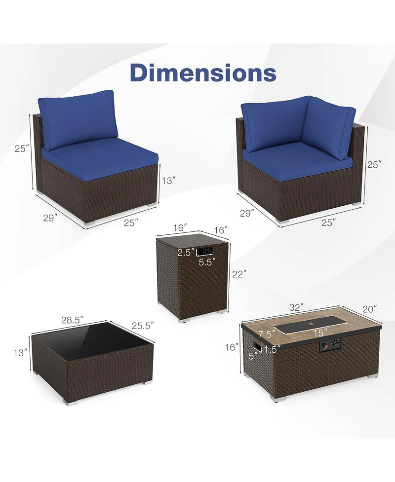 Gymax 12 Pcs Outdoor Patio Wicker Sectional Sofa Set w/ 32'' Propane Fire Pit Table Tank Holder