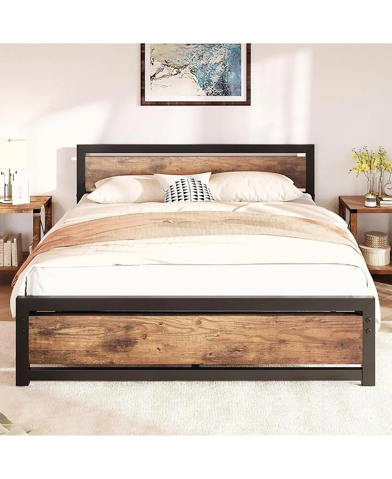 gaomon Bed Frame Metal Platform with Wooden Headboard Footboard Non-Slip Under Storage Noise-Free No Box Spring.