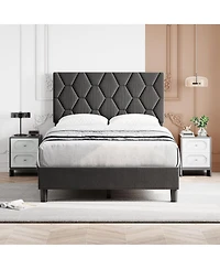 gaomon Bed Frame Upholstered Fabric Headboard Diamond Design Solid Wood Slats Easy Assembly Noise Free