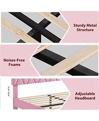 gaomon Platform Bed Heavy-Duty Upholstered Headboard Wooden Slats No Box Spring Easy Assembly Noise Free