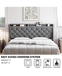 gaomon Upholstered Bed Frame Wingback Headboard Linen Deep Button Tufted Storage Shelf Charging Usb No Noise Box Spring Optional
