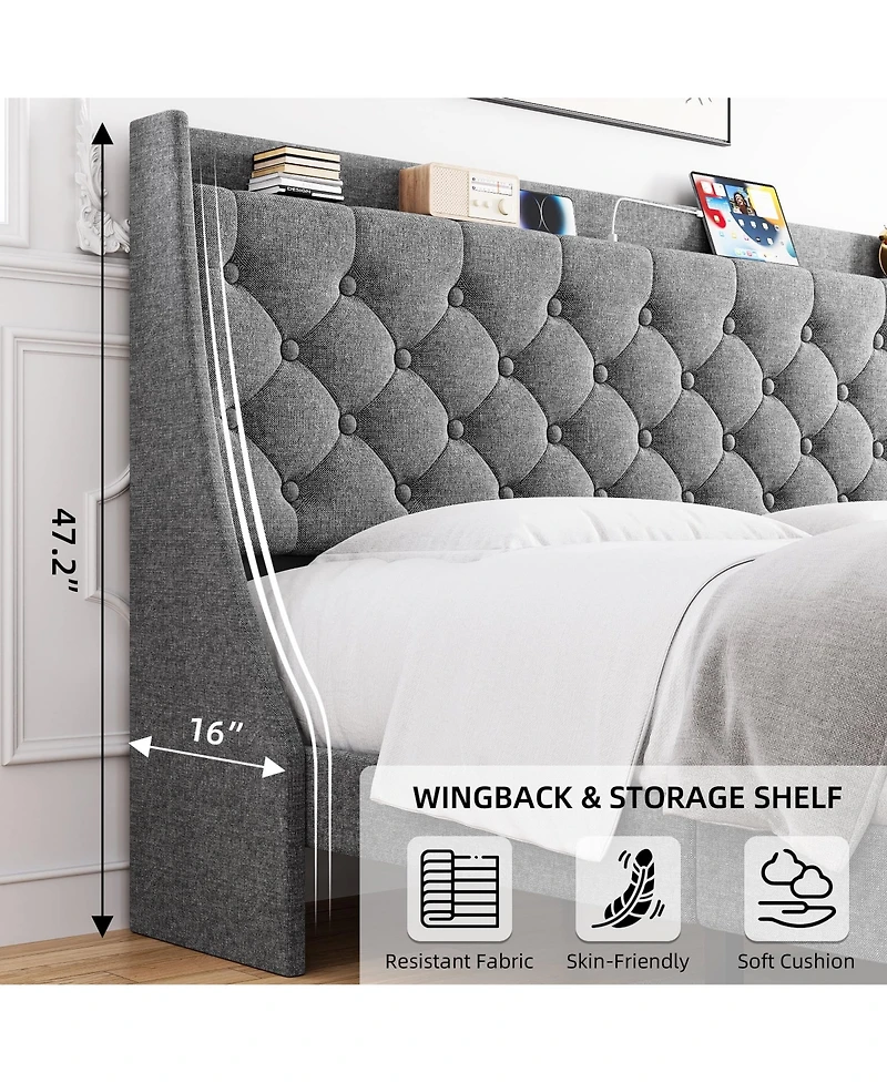 gaomon Upholstered Bed Frame Wingback Headboard Linen Deep Button Tufted Storage Shelf Charging Usb No Noise Box Spring Optional