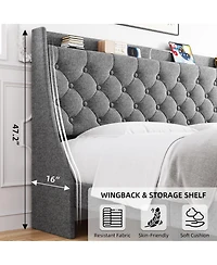 gaomon Upholstered Bed Frame Wingback Headboard Linen Deep Button Tufted Storage Shelf Charging Usb No Noise Box Spring Optional