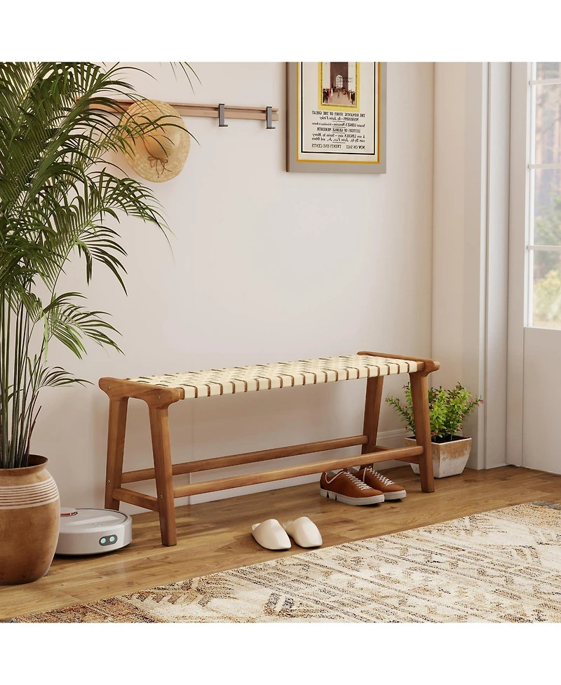 Gymax 47'' Long Teak Wood Patio Bench w/Weave Seat Solid Wood Legs Backless for Porch