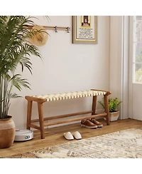 Gymax 47'' Long Teak Wood Patio Bench w/Weave Seat Solid Wood Legs Backless for Porch