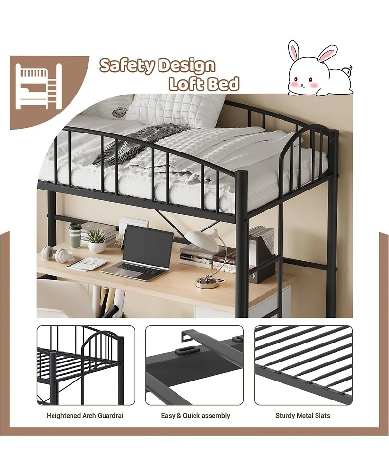 gaomon Loft Bed Twin with Ladde and Arched Guardrail, Heavy Duty Metal Frame for Kids Adults, Sturdy Steel Slats Support