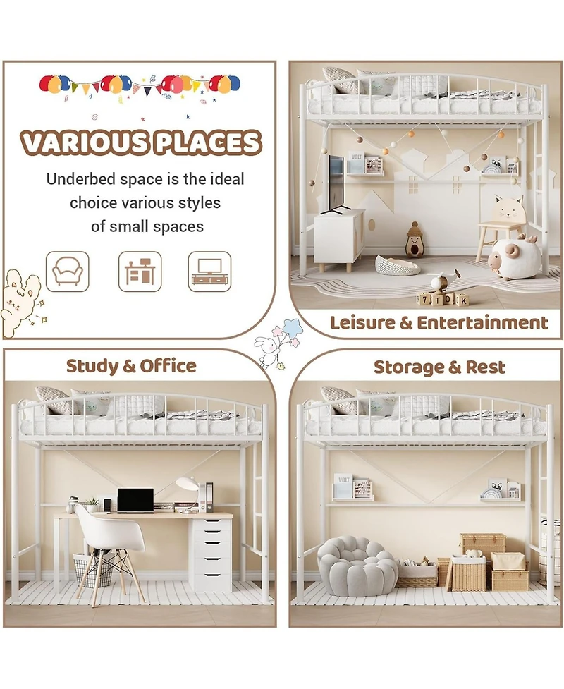 gaomon Loft Bed Twin with Ladde and Arched Guardrail, Heavy Duty Metal Frame for Kids Adults, Sturdy Steel Slats Support