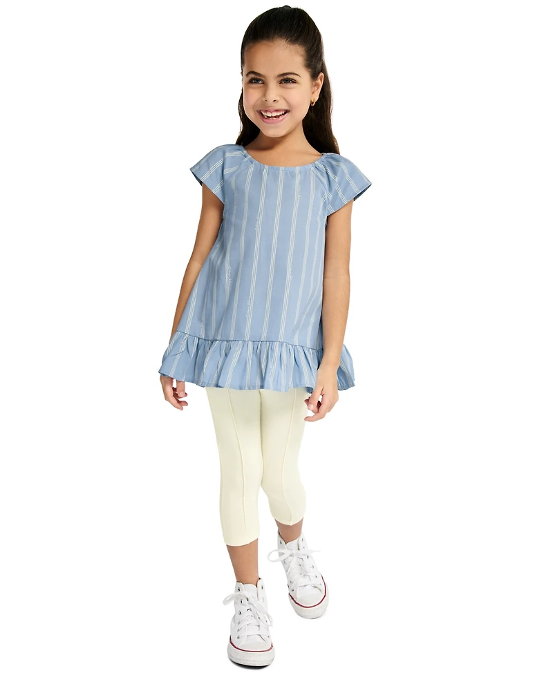 Calvin Klein Girls' 4-6X Striped Denim Tunic and Capri Leggings, 2-Piece Set