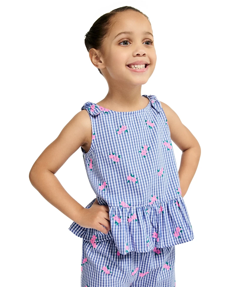 Kids Headquarters Girls' 2T-6X Floral Plaid Ruffle-Trim Top and Pants, 2-Piece Set