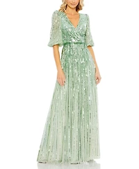 Mac Duggal Women's Sequined Wrap Over 3/4 Sleeve Gown