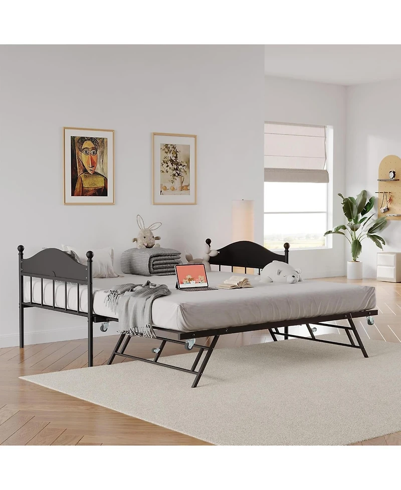 gaomon Daybed With Trundle, Metal Twin Day Bed Stylish Headboard, Sofa BedFrame Pop Up Foldable Trundle Bed, Heavy Duty Steel Slats Platform