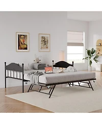 gaomon Daybed With Trundle, Metal Twin Day Bed Stylish Headboard, Sofa BedFrame Pop Up Foldable Trundle Bed, Heavy Duty Steel Slats Platform