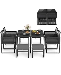 Gymax Set Of 9 Patio Dining Set w/ Pe Rattan Chairs Tempered Glass Table & Ottomans