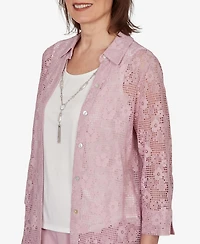 Alfred Dunner Petite Charm Floral Lace Two-In-One Collared Top with Necklace