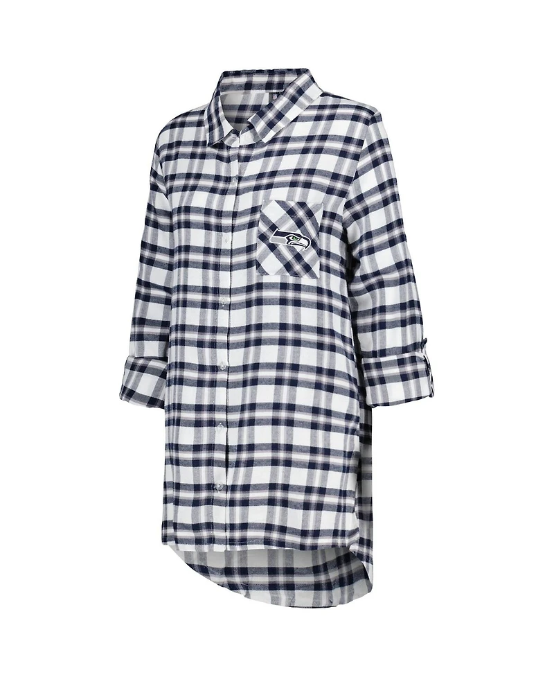 Concepts Sport Women's College Navy Seattle Seahawks Sienna Plaid Full-Button Long Sleeve Nightshirt