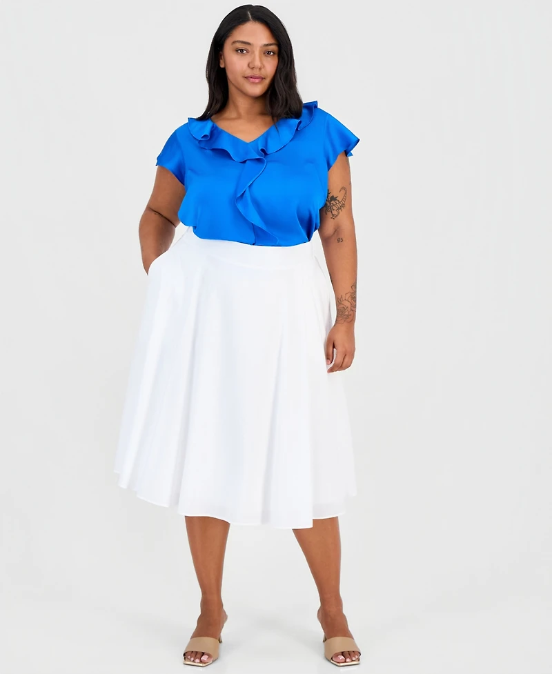 Tahari Asl Plus Pleated Cotton Midi Skirt