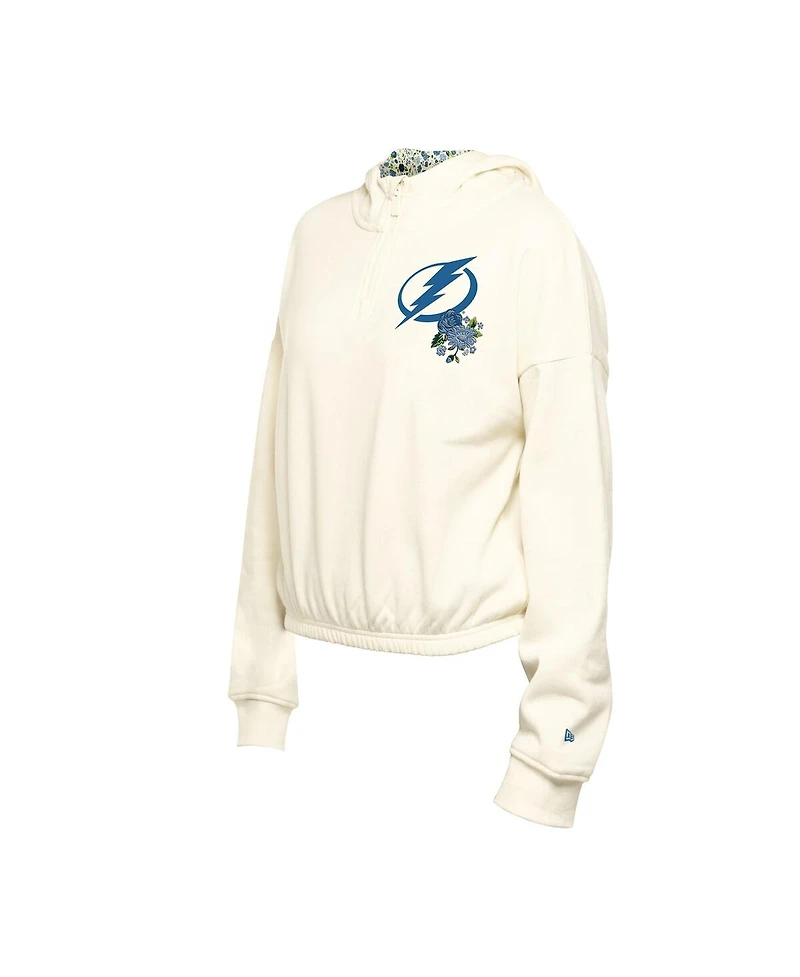 New Era Women's Cream Tampa Bay Lightning Glam Game Quarter-Zip Cropped Floral Hoodie Pullover