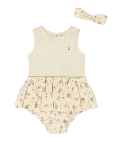 Calvin Klein Baby Girls' Chunky Rib and Printed Cotton Sunsuit