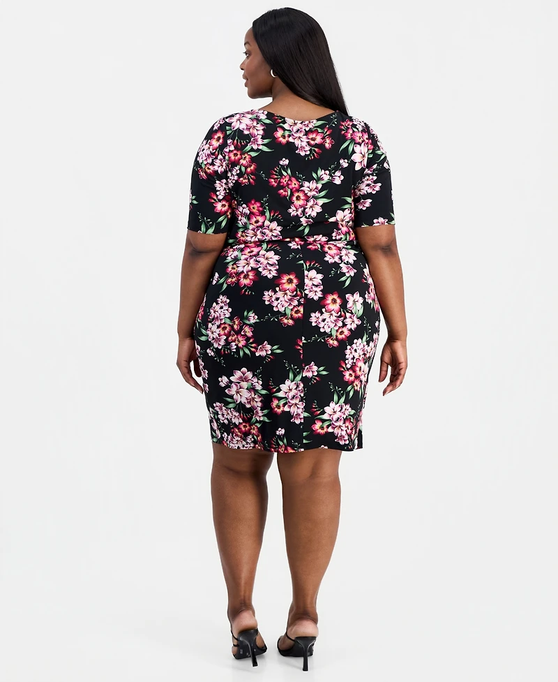 Connected Plus Printed Asymmetric-Neck Short-Sleeve Dress