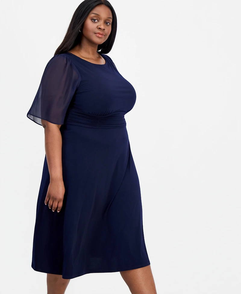 Connected Plus Round-Neck Chiffon-Sleeve Dress