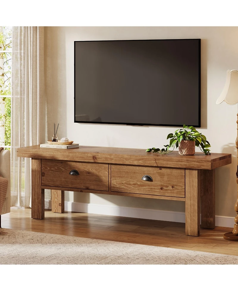 Tribesigns Solid Wood Entryway Bench with 2 Drawers, 55" Farmhouse Long Bench End of Bed Stool with Open Storage Shelves