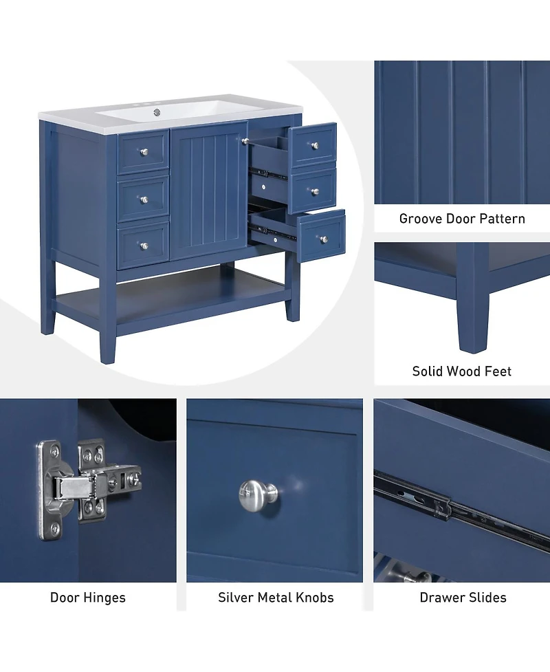 Sillysis 36" Bathroom Vanity with Ceramic Sink, Solid Wood Cabinet, 3 Drawers & Adjustable Shelf for Modern Bathrooms