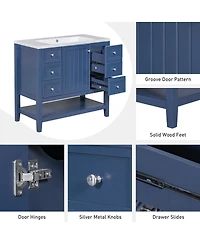 Sillysis 36" Bathroom Vanity with Ceramic Sink, Solid Wood Cabinet, 3 Drawers & Adjustable Shelf for Modern Bathrooms