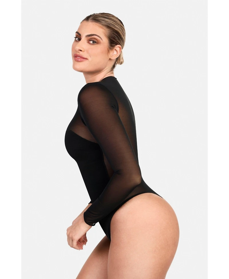 Popilush Women's Shapewear Illusion Mesh Long Sleeve Tummy Control Bodysuit