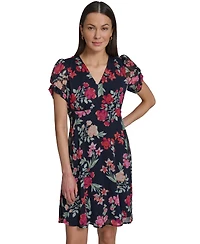 Calvin Klein Women's Puff-Sleeve Printed V-Neck Chiffon Dress