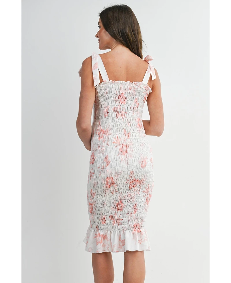 Hello Miz Maternity Bodycon Floral Smocked Midi Dress with Adjustable Tie Straps