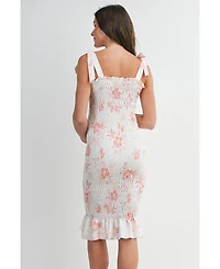 Hello Miz Maternity Bodycon Floral Smocked Midi Dress with Adjustable Tie Straps