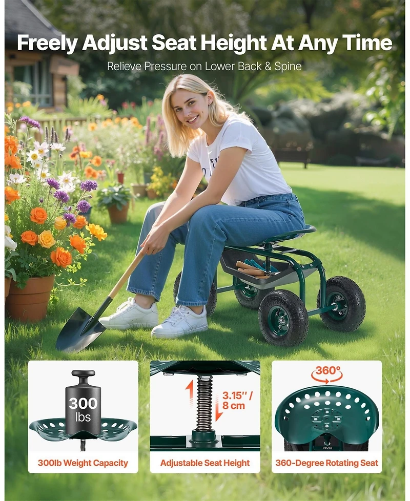 Sugift Rolling Garden Scooter with Swivel Seat & Multi-compartment Tool Storage