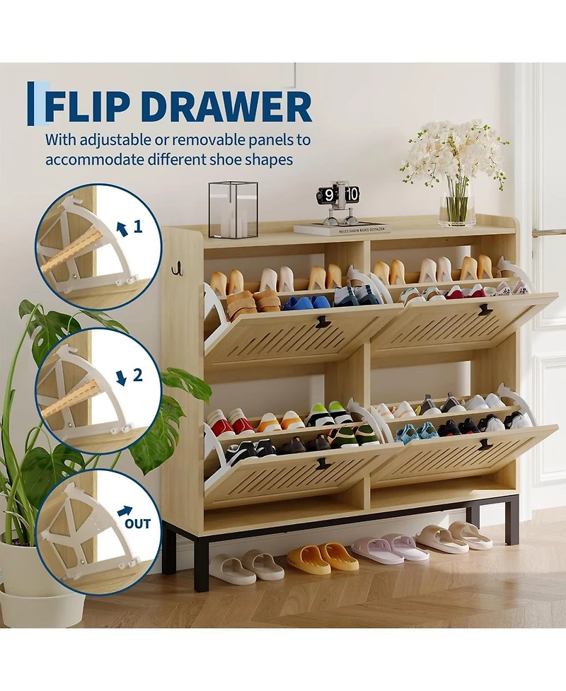 gaomon Modern 4 Turn Over Drawer Shoe Storage Cabinet - Adjustable Shelves Space-Saving Wooden Organizer Hollow-Out Panel