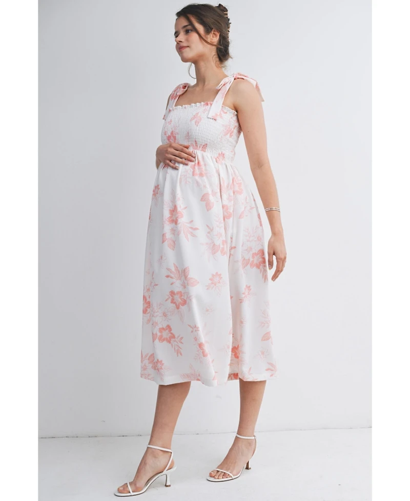 Hello Miz Maternity Floral Smocked Empire Waist Midi Dress with Tie Straps